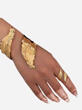 Gold Leaf Cuff Bracelet and Ring Set - Women's Jewelry